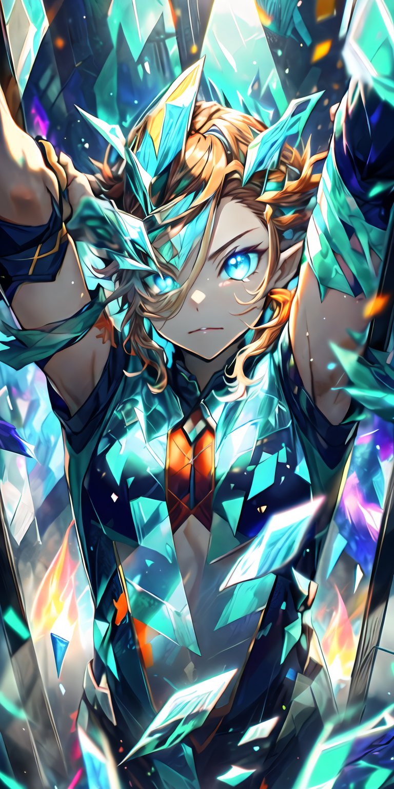 perfecteyes, BLUE FIRE,pastel, (volumetric lighting),(sharp focus, backlight), (close up, face focus), ((glass shards, glass reflection, glass particles)), half body, (sleeveless), elf, pointy ears, (orange hair), ((glowing green eyes)), ((spread arms, arms up)), (shiny eyes, detailed eyes, detailed iris), (small_Breasts:1.4), magical aura, (flawless anatomy),RED FIRE GREEN FIRE BLUE FIRE PURPLE FIR