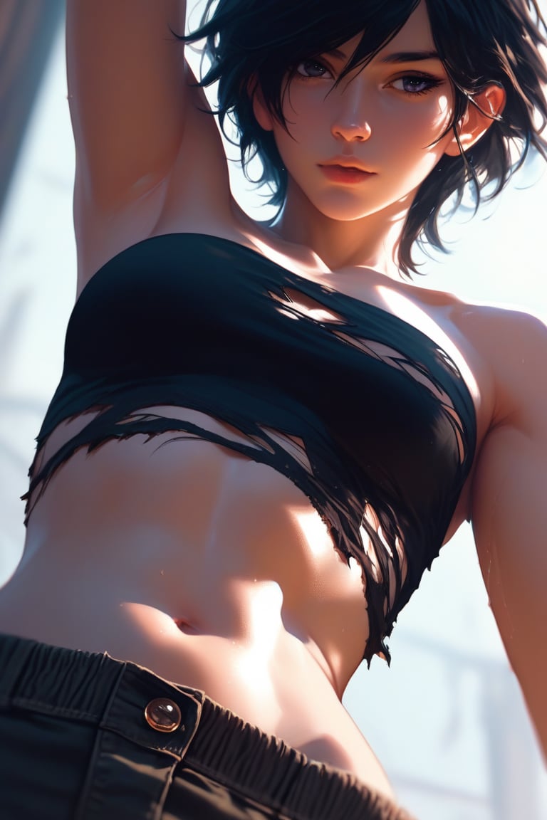 score_9,score_8_up, torso focus, body focus, body close up, depth of field, close up, black hair, ripped clothes, bandeau, midriff, armpits, shorts, soft skin, (smooth skin), pale skin, chiaroscuro lighting, dynamic angle