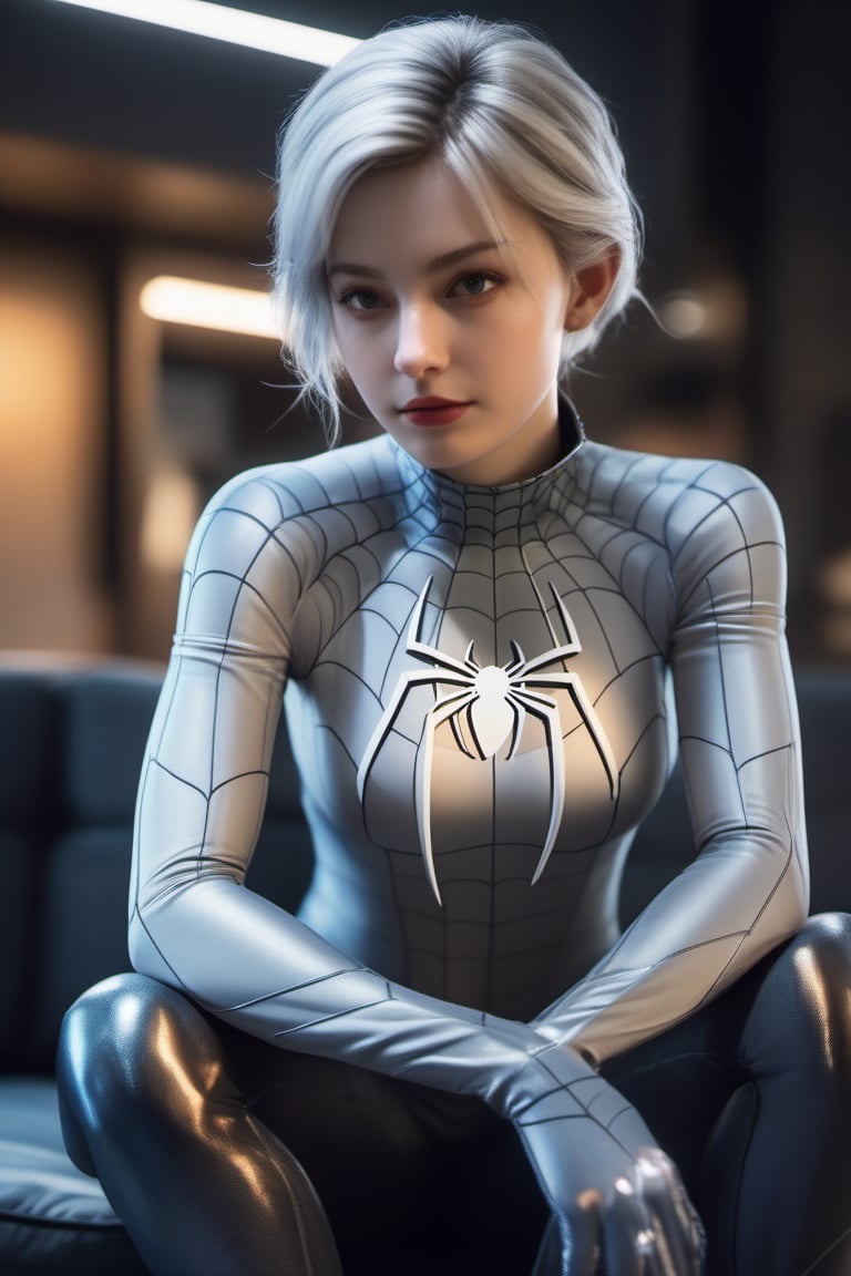 (Extreme Detail CG Unity 8K wallpaper, masterpiece, highest quality), (Exquisite lighting and shadow, highly dramatic picture, Cinematic lens effect), a girl in a white Spider-Man costume, silver gray hair color, from the Spider-Man parallel universe, Wenger, Marvel, Spider-Man, sitting on the couch, dynamic pose), (excellent detail, excellent lighting, wide angle), (excellent rendering, enough to stand out in its class), focus on white Spider-Man costumes, complex spider textures, ellafreya,