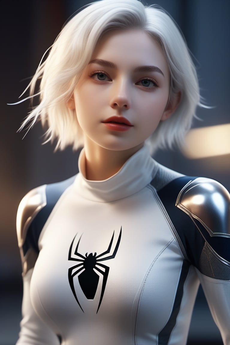 (Extreme Detail CG Unity 8K wallpaper, masterpiece, highest quality), (Exquisite lighting and shadow, highly dramatic picture, Cinematic lens effect), a girl in a white Spider-Man costume, silver gray hair color, from the Spider-Man parallel universe, Wenger, Marvel, Spider-Man, sitting on the couch, dynamic pose), (excellent detail, excellent lighting, wide angle), (excellent rendering, enough to stand out in its class), focus on white Spider-Man costumes, complex spider textures, ellafreya,