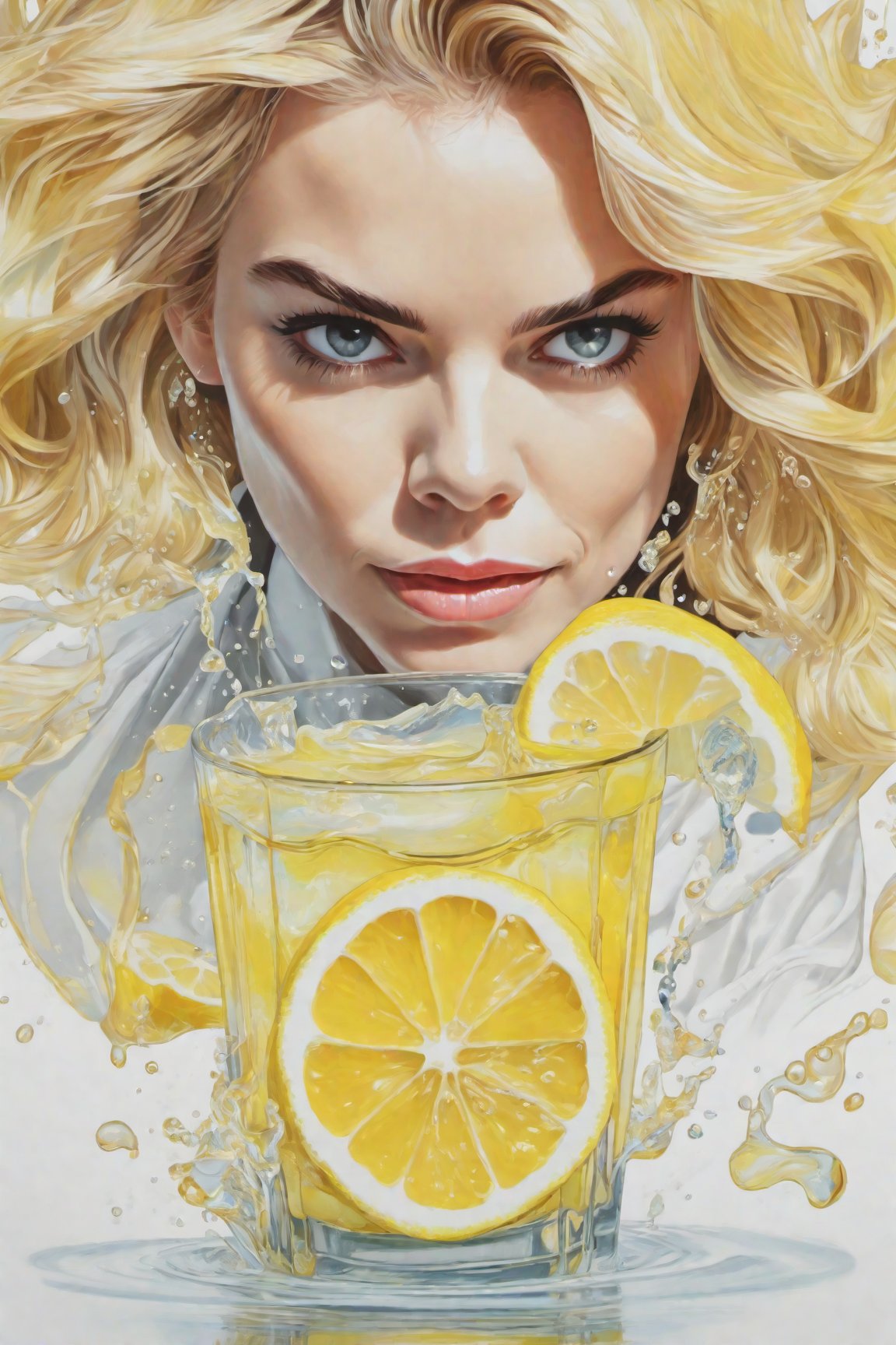  Flat colored T – shirt design of a Lemon Juice, n the style of Kawacy, Masterpiece, billie piper, natalie Kidman Oil painting drawn in anime style, head close - up, exaggerated perspective, Tyndall effect, water drops, mother - of - pearl iridescence, Holographic white