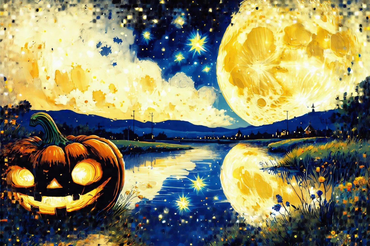 landscape painting, illustration, night, pumpkin shaped moon, starry sky, horizontal line, fantastic, high quality, Midjourneyart