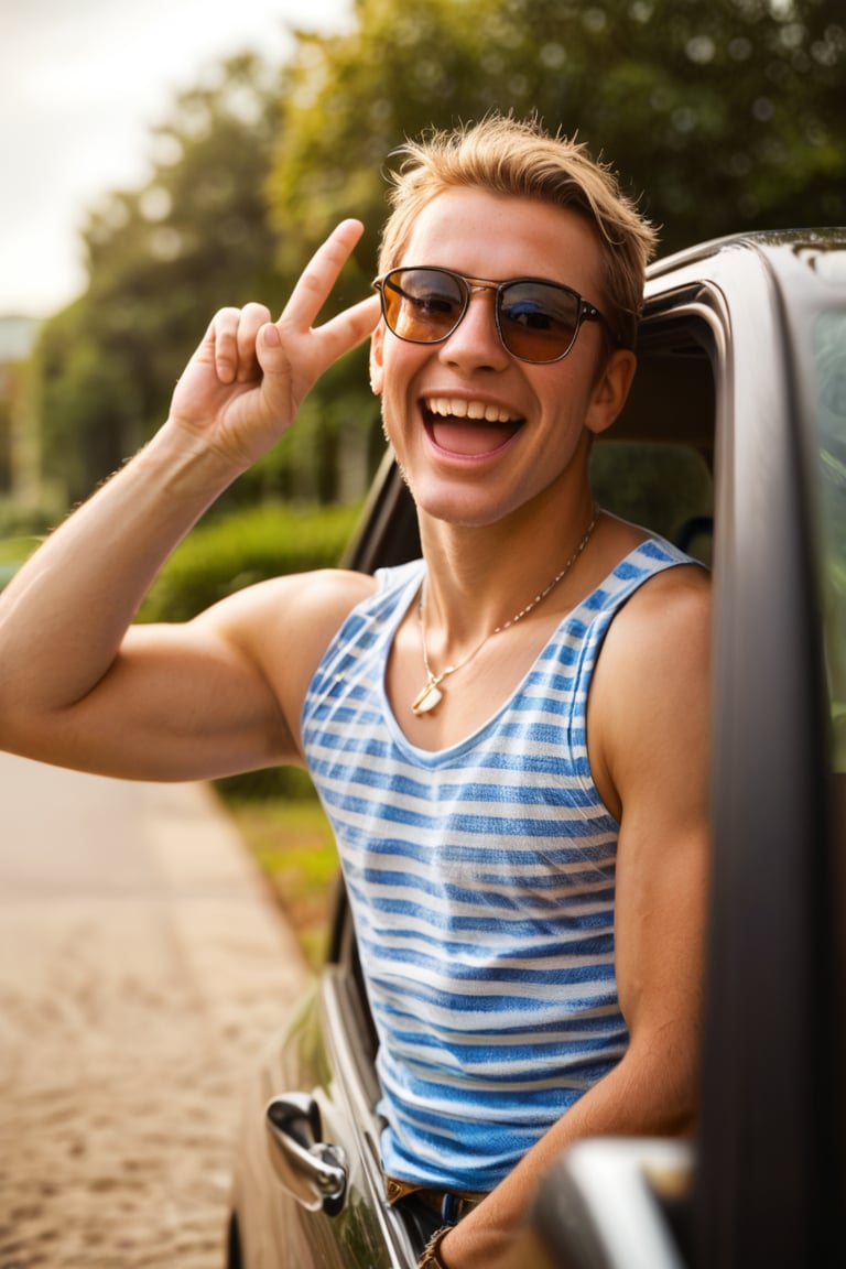 (masterpiece:1.4), dslr, source_real, score_9, score_8_up, outcarwindow, man out car window, 1boy, male focus, sunglasses, v, striped, striped shirt, solo, ground vehicle, smile, tank top, jewelry, pants, necklace, shirt, blurry, blonde hair, denim, open mouth, outdoors, brown hair, teeth