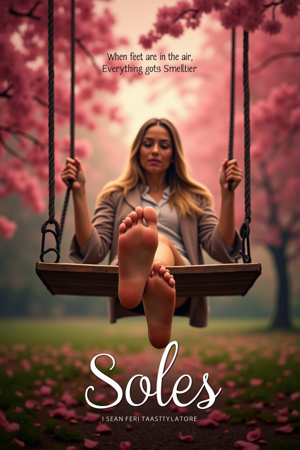 A movie poster for the movie "Soles". She's a free-spirited glamour model with a passion for life and a heart full of love. Set in a picturesque park on a rainy day, the scene is bathed in a soft, romantic light. The wooden swing creaks gently in the breeze, surrounded by vibrant pink cherry blossom trees that add a pop of color to the misty atmosphere. None prominent in this scene, but the camera seems to be the object of Sophia's affection, hinting at a mysterious love interest lurking in the shadows. Her soles are featured promeniently in the foreground. Her feet are perfectly formed, with 5 toes on each foot, and foreshortened and the centerpiece of the photograph. The photograph is taken at a low angle to better show off her feet. 

Branding Type: This movie poster is designed in a style to parody 90s romantic dramas, with a mix of modern fonts and a dreamy color palette. Think The Notebook meets La La Land. "When feet are in the air, everything gets smellier" The poster features a warm, golden-hour-inspired color scheme with soft focus effects to evoke a sense of nostalgia and romance. The title font is an elegant, cursive script, while the tagline is written in a clean, modern sans-serif font. The overall design is minimalist, with plenty of negative space to let the stunning image of Sophia take center stage.