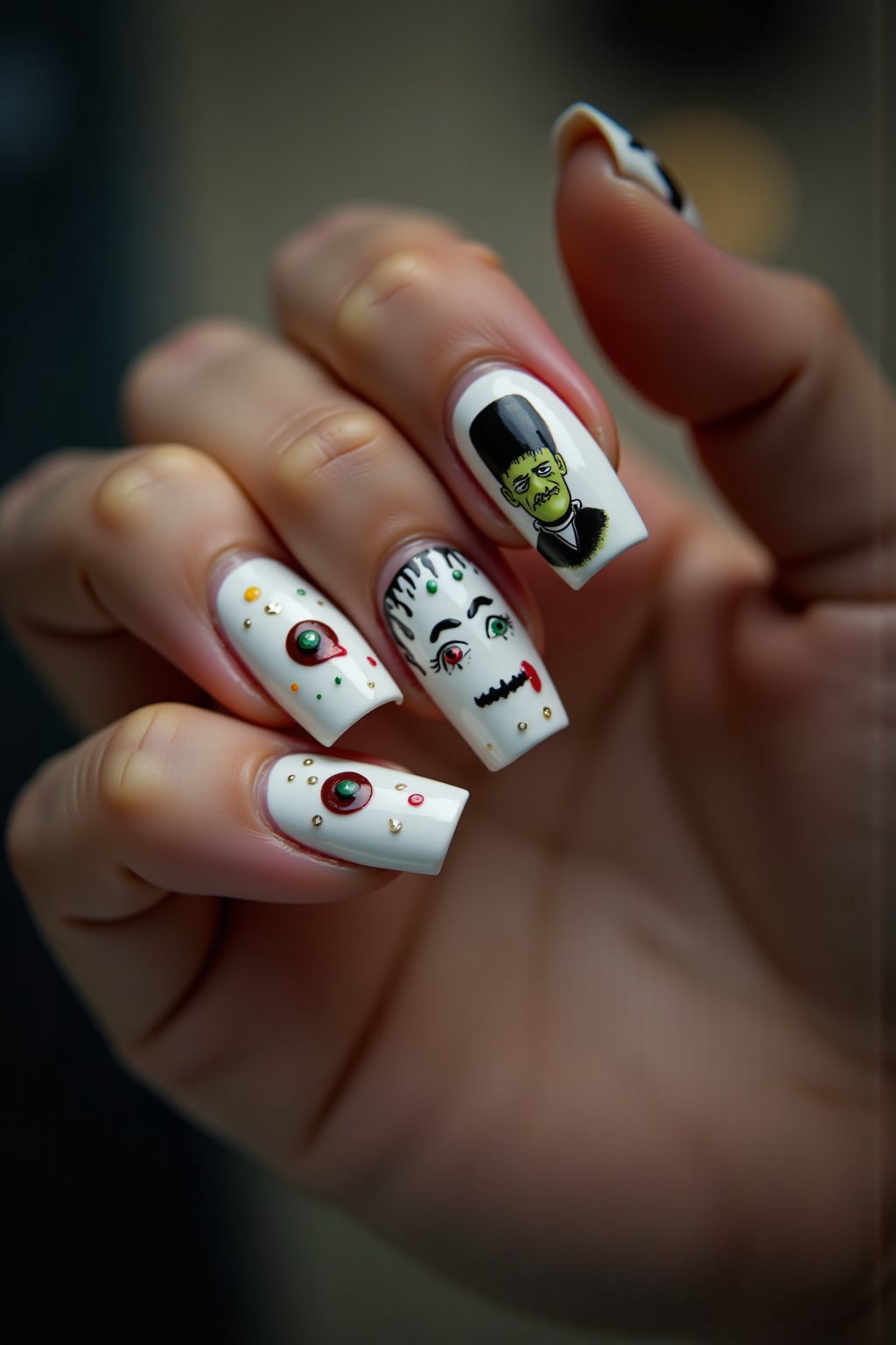 A closeup of a woman's, white nails, nail art, frankenstein nail art, bokeh background, cinematic photograph, highly detailed nail art, each fingernail is painted in a frankenstein theme, 