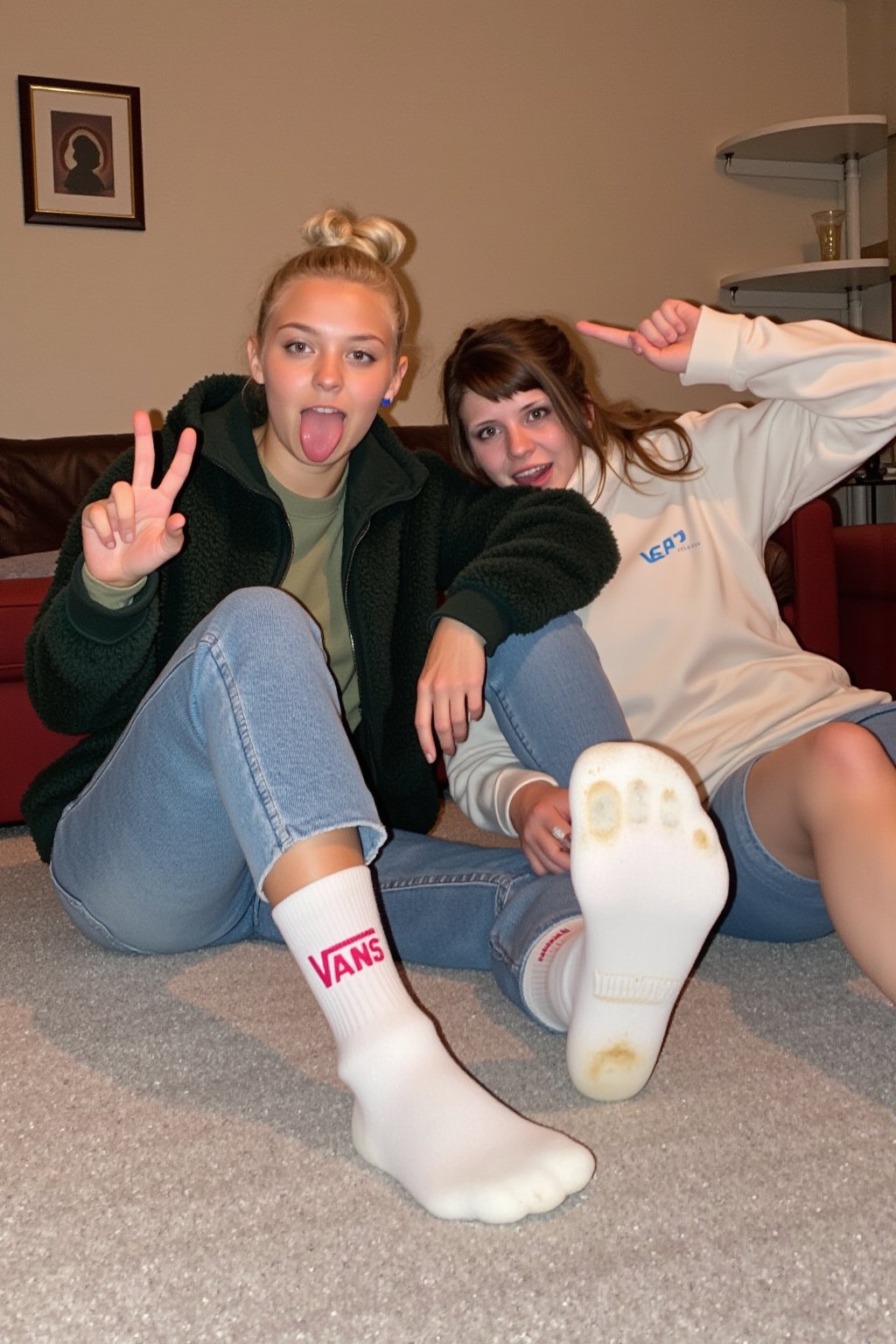 The photograph captures two young women, both with a playful, humorous expression, seated on a light gray, plush carpet in a cozy indoor setting. The woman on the left has light blonde hair, tied back, and is wearing a dark green, fuzzy jacket. She's sticking out her tongue and making a peace sign with her right hand. Their feet, clad in white ankle socks with the brand "VANS" in pink letters, have their soles prominently displayed, showing dirt and wear. 