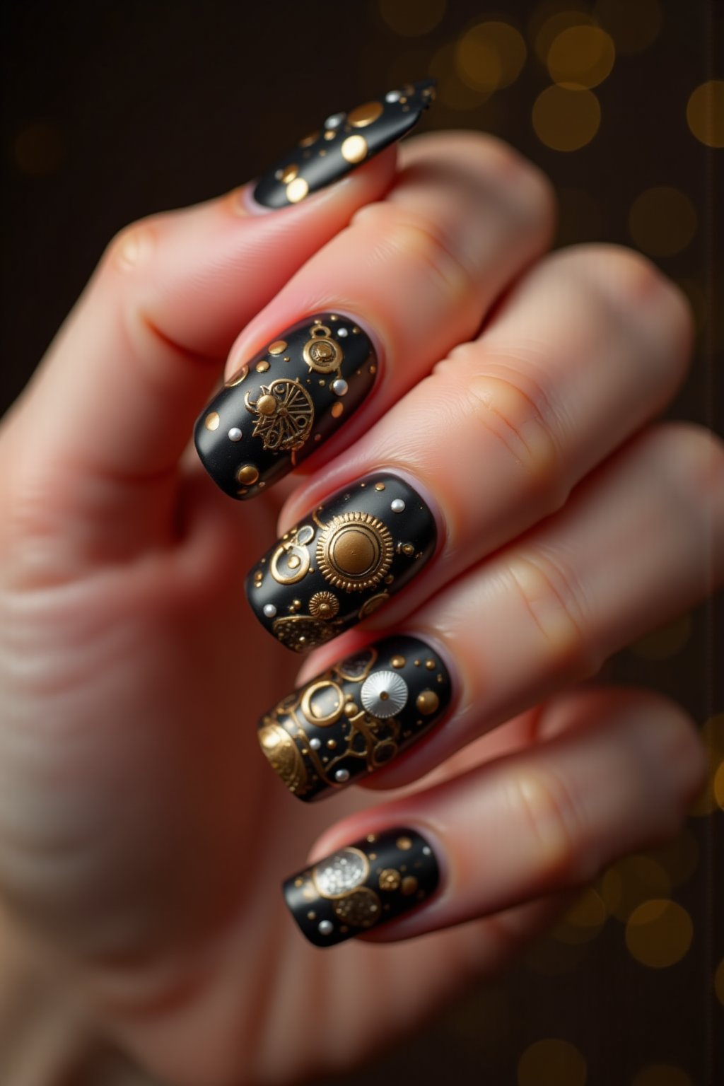 A closeup of a woman's hand, light brown nails, nail art, steampunk nail art, bokeh background, cinematic photograph, highly detailed nail art, each fingernail is painted in a steampunk theme, 