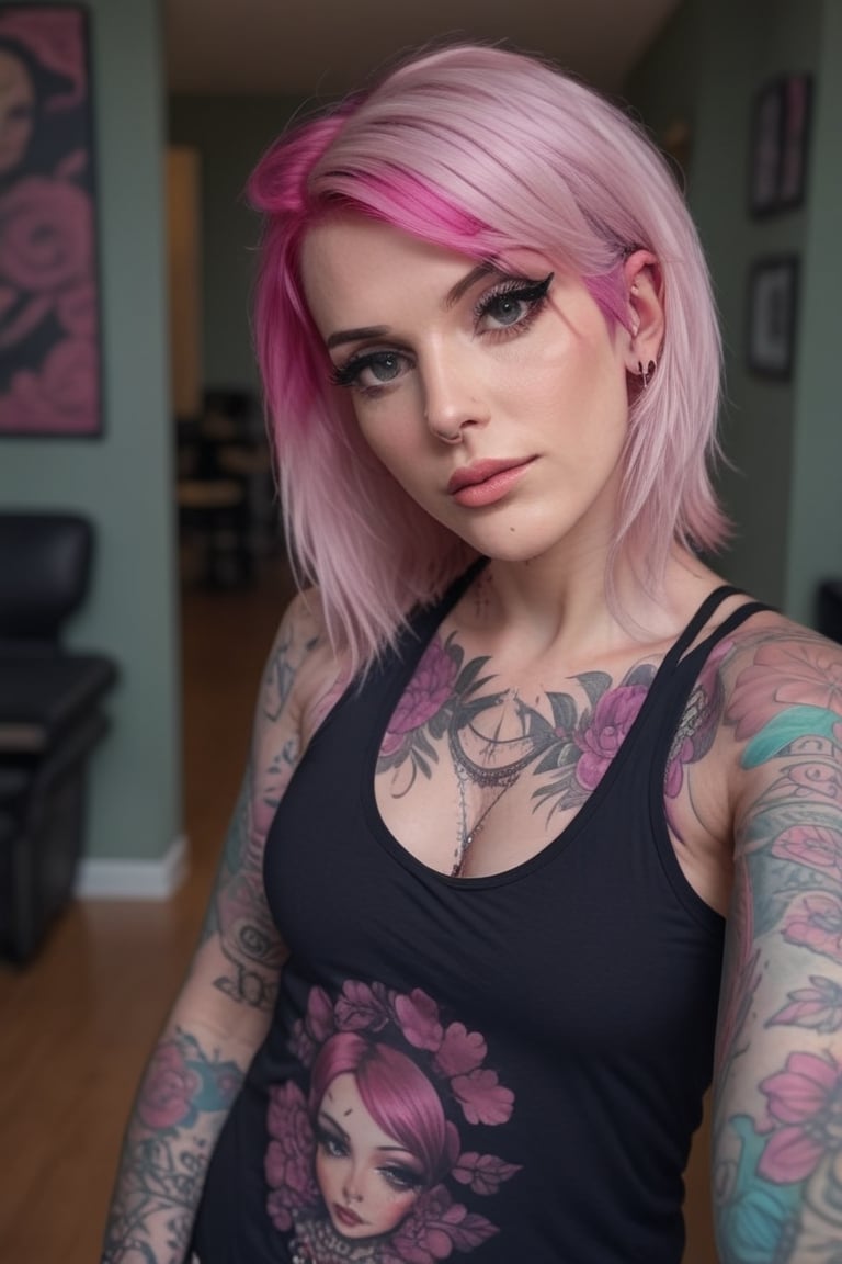 pink haired woman, selfie arms, floral pattern tattoos, heavily tattooed, indoors, looking at viewer, black tank top reading "NIRVANA", cleavage, ,<lora:659095807385103906:1.0>