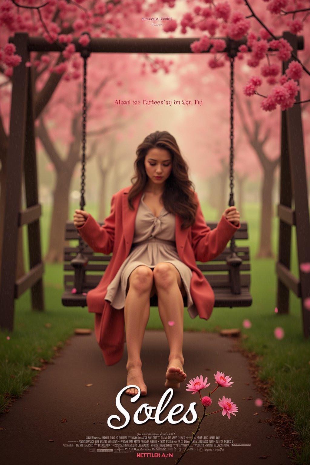 A movie poster for the movie "Soles". She's a free-spirited glamour model with a passion for life and a heart full of love. Set in a picturesque park on a rainy day, the scene is bathed in a soft, romantic light. The wooden swing creaks gently in the breeze, surrounded by vibrant pink cherry blossom trees that add a pop of color to the misty atmosphere. None prominent in this scene, but the camera seems to be the object of Sophia's affection, hinting at a mysterious love interest lurking in the shadows. Her soles are featured promeniently in the foreground. Her feet are perfectly formed, with 5 toes on each foot, and foreshortened and the centerpiece of the photograph. The photograph is taken at a low angle to better show off her feet. 

Branding Type: This movie poster is designed in a style to parody 90s romantic dramas, with a mix of modern fonts and a dreamy color palette. Think The Notebook meets La La Land. "When feet are in the air, everything gets smellier" The poster features a warm, golden-hour-inspired color scheme with soft focus effects to evoke a sense of nostalgia and romance. The title font is an elegant, cursive script, while the tagline is written in a clean, modern sans-serif font. The overall design is minimalist, with plenty of negative space to let the stunning image of Sophia take center stage.