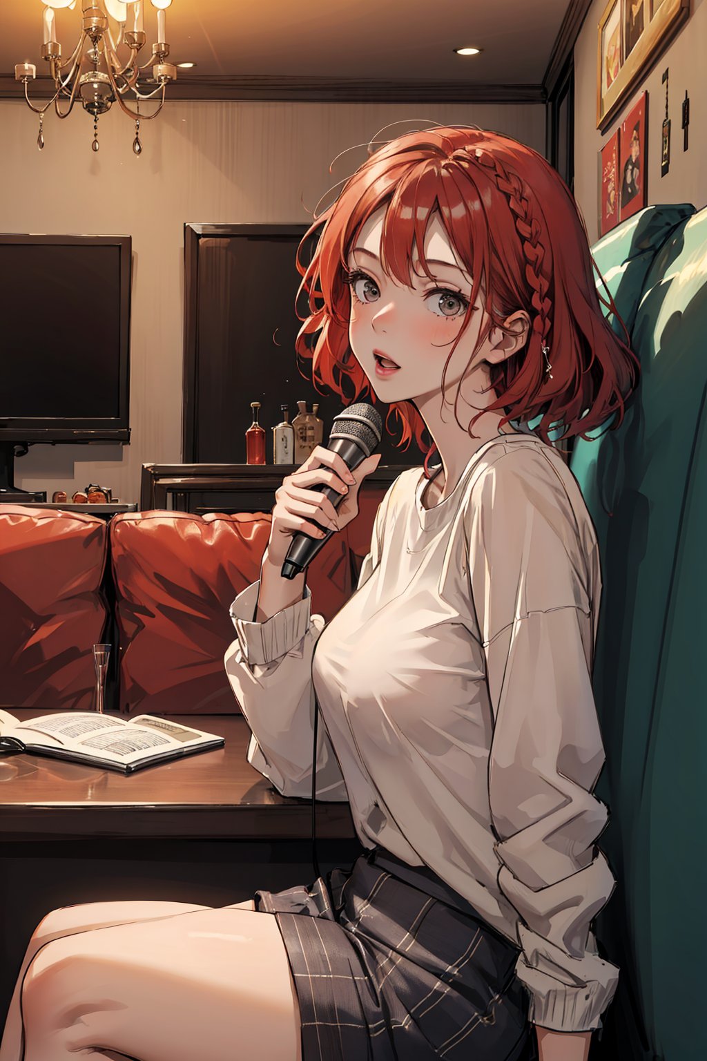 1girl, dynamic angle, looking at another, microphone, indoor, from the side, (karaoke: 1.5), karaoke room, sofa, sitting, masterpiece, highest, best, amazing, great, detail, short red hair, bag Cypress head, side braid