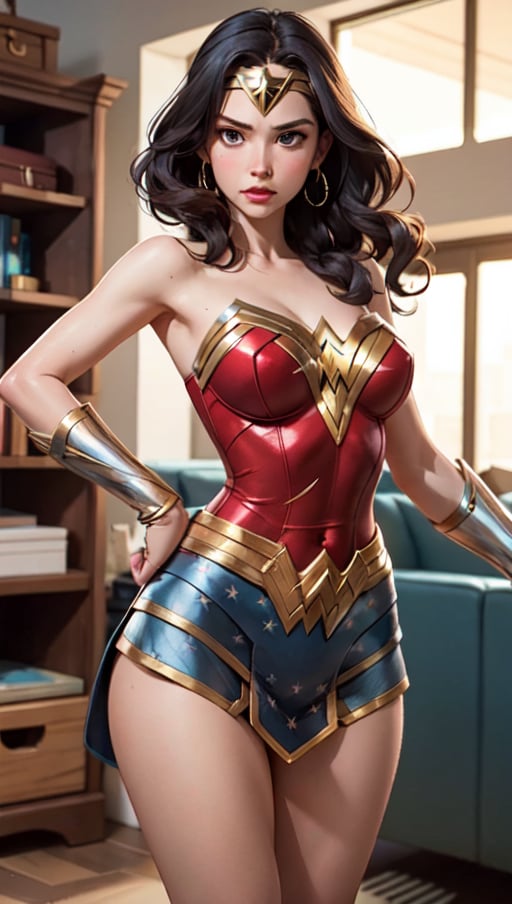 Wonder Woman was defeated, her clothes were disheveled, and there were many torn marks on her clothes. She covered her chest with her hands, fell to the ground, and stared at the camera angrily.