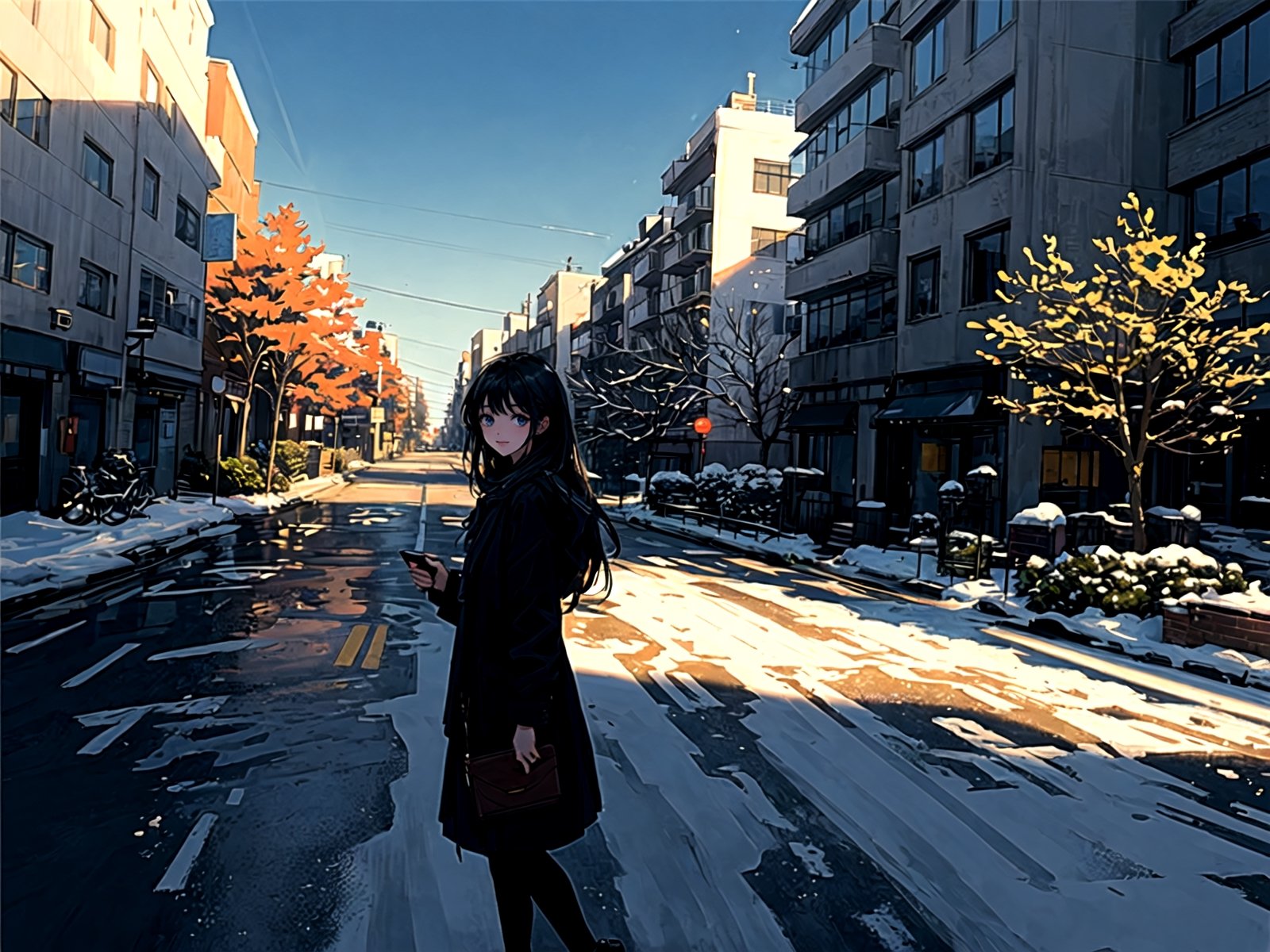 snow, outdoors, street, 1girl, road, building, tree, traditional media, black hair, scenery, long hair, solo, real world location, (illustration:1.0), masterpiece, best quality, 
