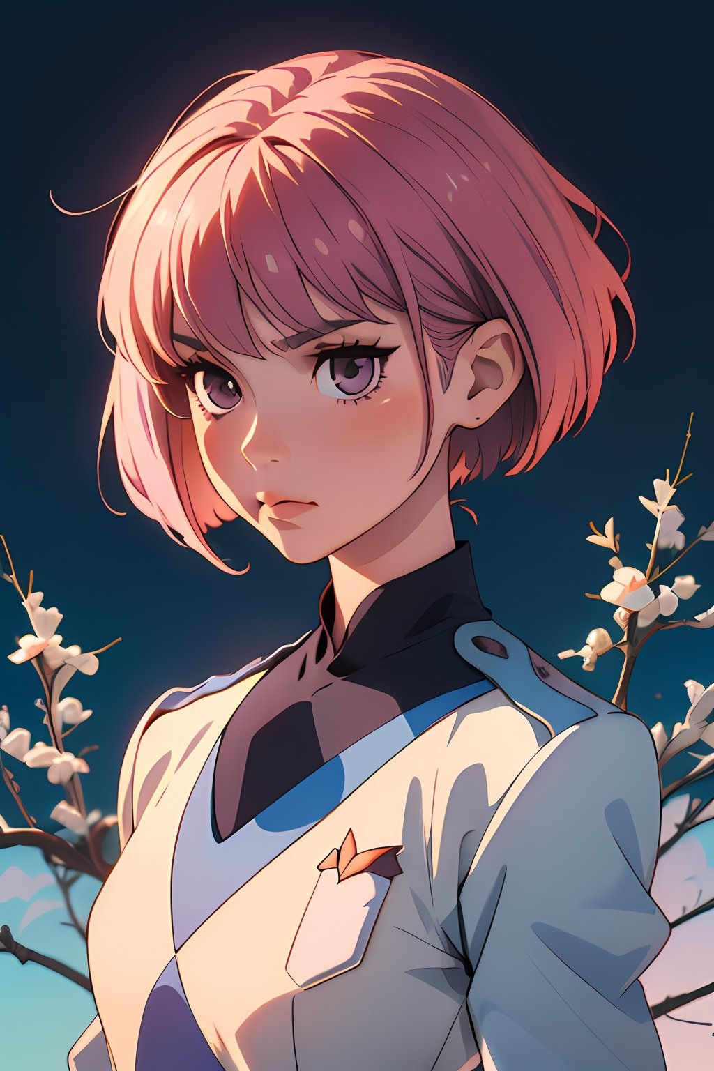 1 woman, 18 years, short hair, (((square haircut))), ((light mauve hair)), moon child, anime inspired style, ichigo with mauve hair color, masterpiece, best quality, highres,  military uniform, big moon background, light effect