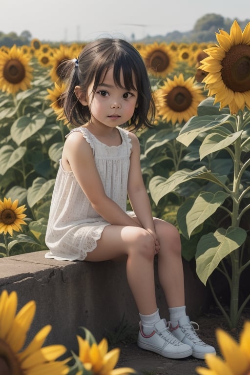 little girl sitting on a sun flower,  blur background by sumerMody on Tensor.Art