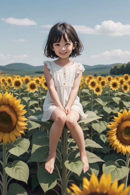 tiny girl sitting on top of sunflower,  blur background by sumerMody on Tensor.Art