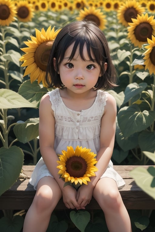 little girl sitting on top of sunflower,  blur background by sumerMody on Tensor.Art