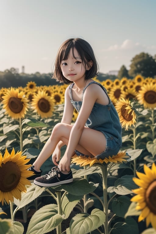 tiny girl sitting on top of sunflower,  blur background by sumerMody on Tensor.Art