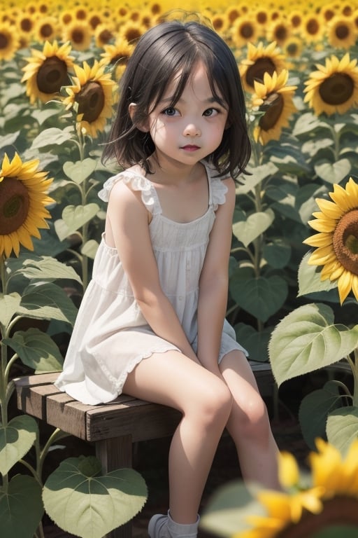 little girl sitting on top of sunflower,  blur background by sumerMody on Tensor.Art