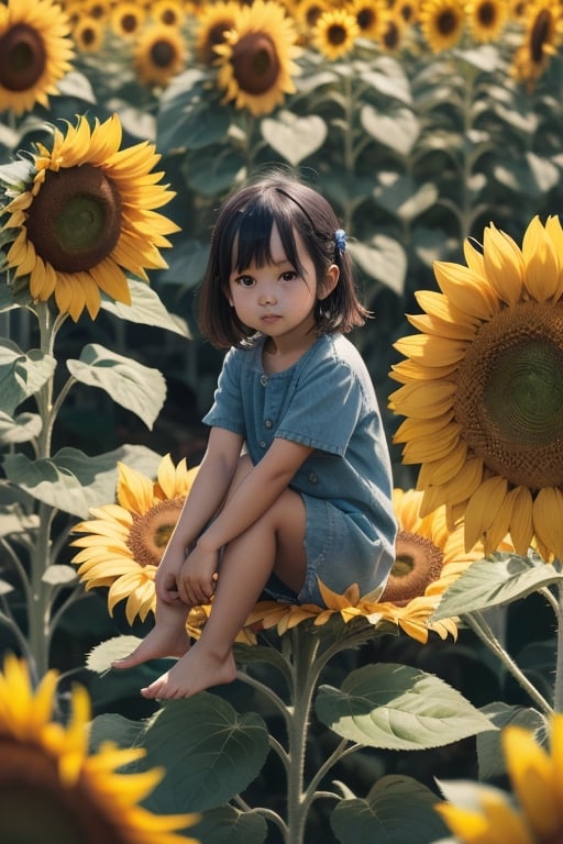 tiny girl sitting on top of sunflower,  blur background by sumerMody on Tensor.Art