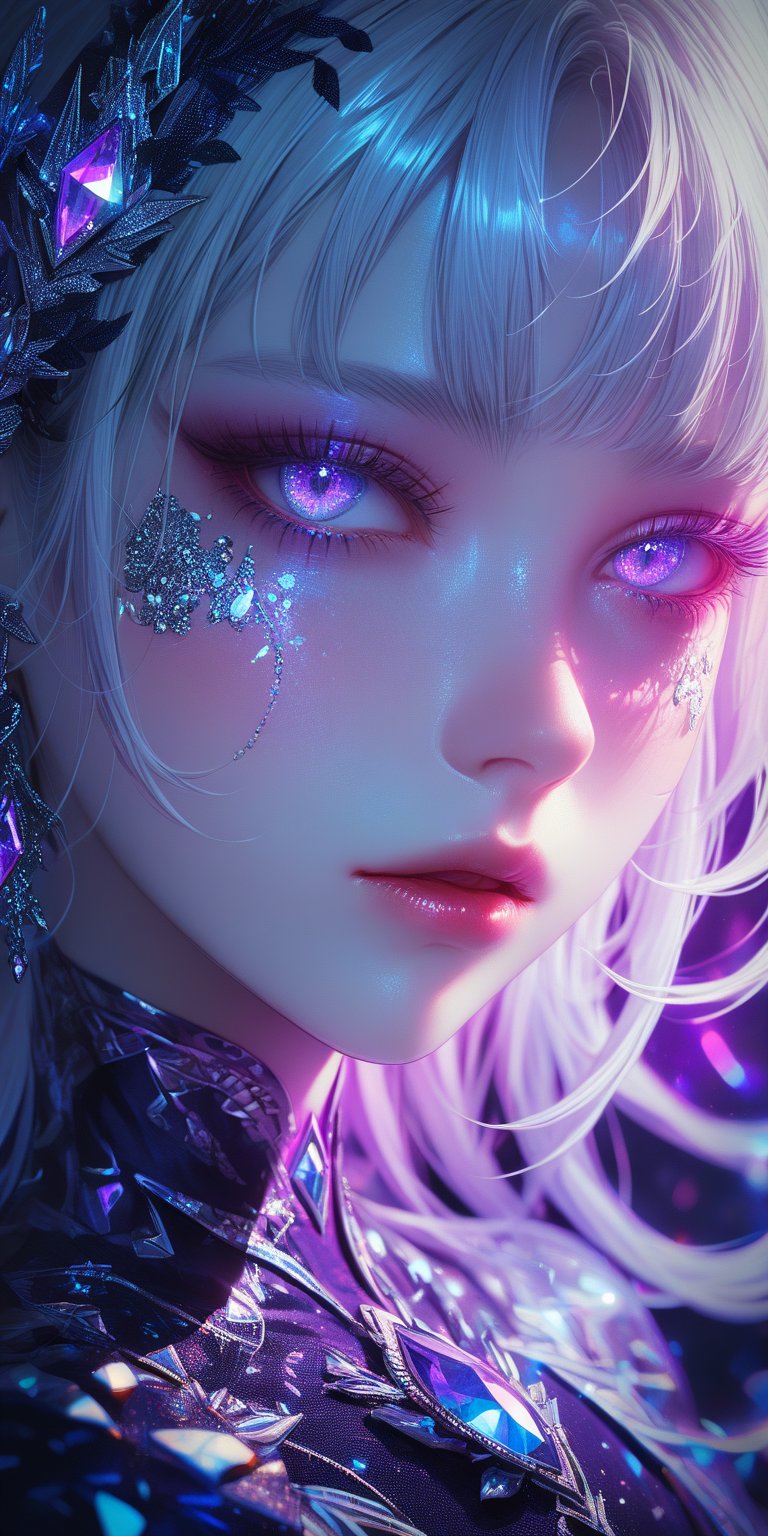 1girl, solo, looking at viewer, purple eyes, white hair, parted lips, lips, eyelashes, gem, portrait, close-up, crystal,full_body