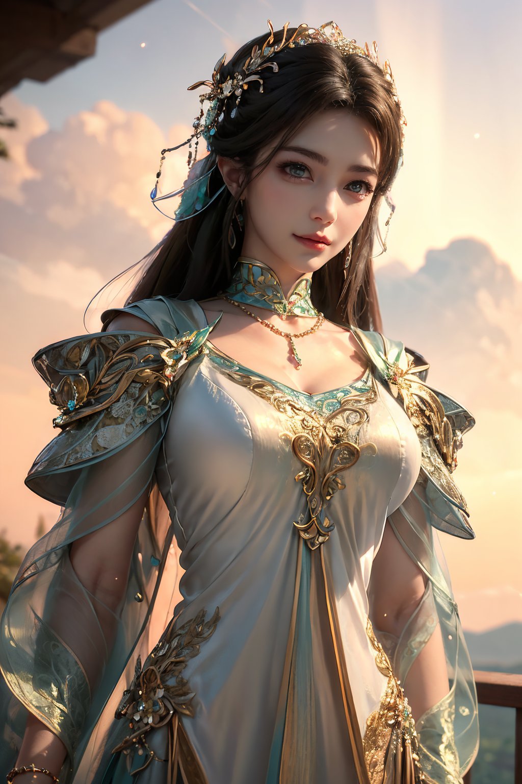 A majestic masterpiece of a 1girl CG artwork, set against the breathtaking backdrop of a vast open field with a mountain range and white clouds in the distance. The sun casts its warm rays, illuminating her stunning features as she gazes directly at the viewer. Her long hair flows gently in the breeze, adorned with delicate hair ornaments that sparkle like diamonds. She wears traditional Chinese clothing, complete with intricate jewelry pieces - earrings and a necklace - that catch the light particles dancing across her chest. The focal point is her beautiful face, with piercing eyes and a subtle smile. The overall atmosphere is one of serenity, as if time stands still in this idyllic scene.