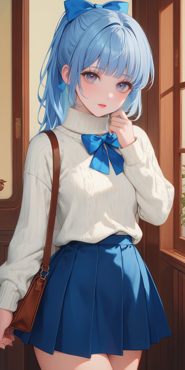 1girl, solo, long hair, looking at viewer, bangs, blue eyes, skirt, long sleeves, bow, ribbon, closed mouth, blue hair, standing, hair ribbon, white shirt, ponytail, white hair, cowboy shot, pleated skirt, indoors, hand up, bag, sweater, blue skirt, turtleneck, blue bow, white sweater, kamisato ayaka