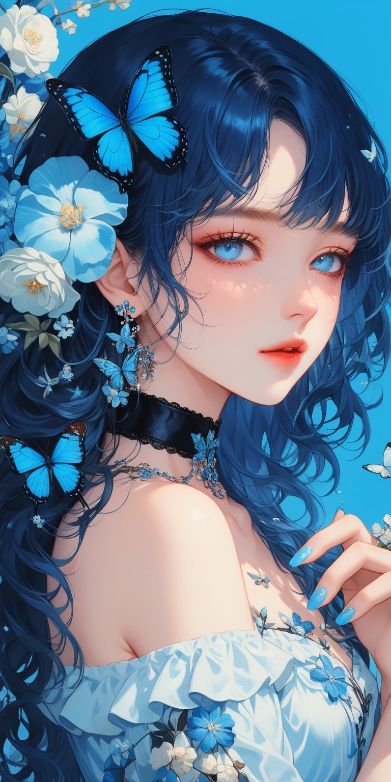 1girl, solo, long hair, looking at viewer, blue eyes, dress, holding, bare shoulders, jewelry, blue hair, upper body, flower, earrings, parted lips, choker, off shoulder, nail polish, from side, lips, sparkle, blue background, wavy hair, black choker, bug, butterfly, blue nails, blue flower, blue theme, holding flower, blue butterfly