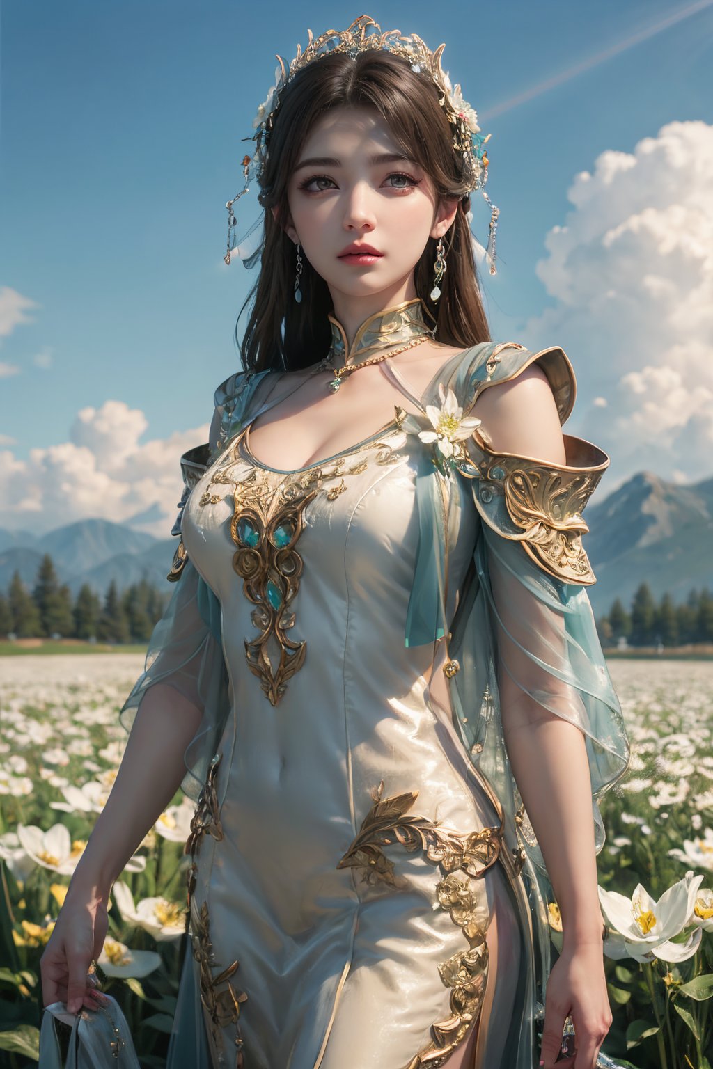 masterpiece,best quality,official art,extremely detailed CG unity 8k wallpaper,realistic,light rays,light particles,
,1girl,jewelry,solo,breasts,long_hair,hair_ornament,earrings,chinese clothes,
SunLight,Flowers,Outdoors,Hair Ornaments,White Flowers,Vast Open Field,mountain,sky,white cloud,
looking at viewer,cowboy shot,black clothes,