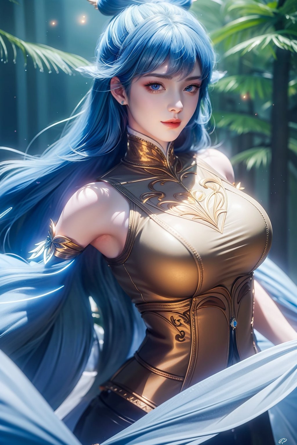 1girl,solo,long hair,blue hair,blue eyes,hair ornament,looking at viewer,forest,blurry,glowing particles,Highly detailed,(ultra-detailed),(best quality,masterpiece:1.5),