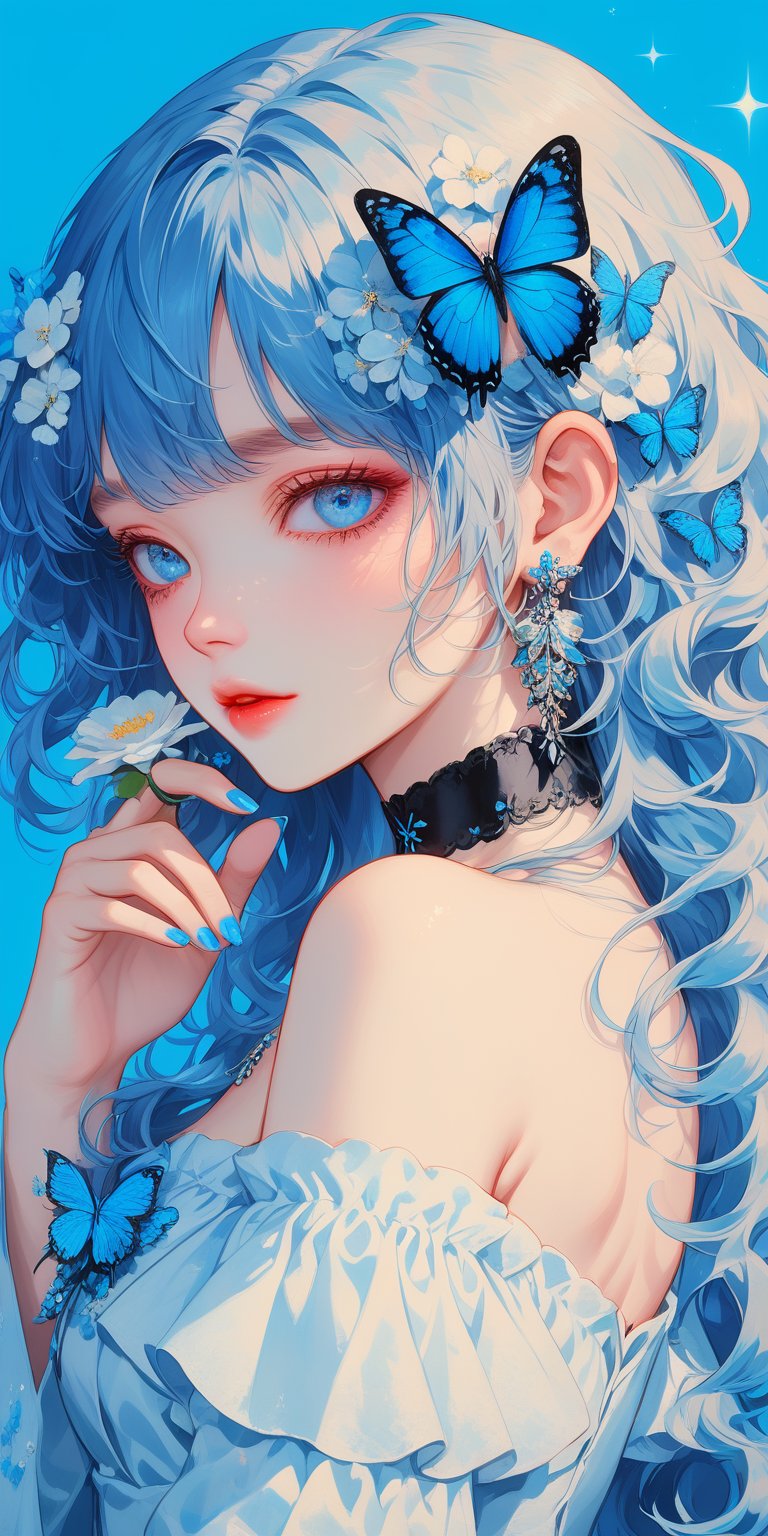 1girl, solo, long hair, looking at viewer, blue eyes, dress, holding, bare shoulders, jewelry, blue hair, upper body, flower, earrings, parted lips, choker, off shoulder, nail polish, from side, lips, sparkle, blue background, wavy hair, black choker, bug, butterfly, blue nails, blue flower, blue theme, holding flower, blue butterfly