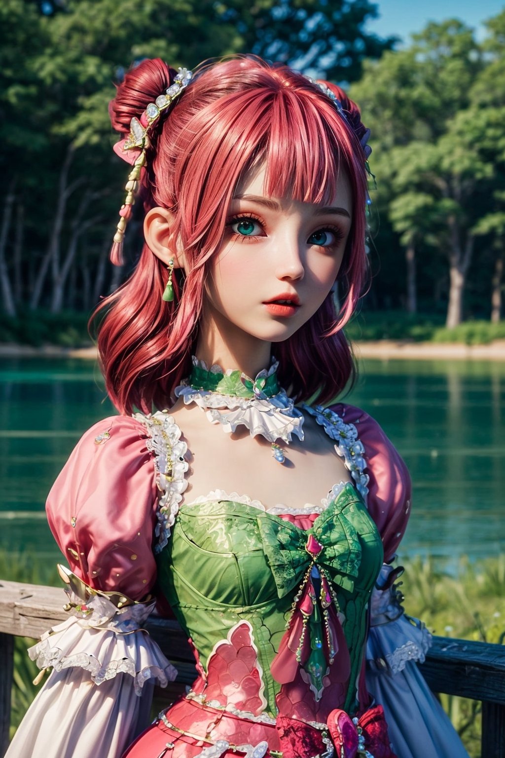 8k, masterpiece, 1 girl, beautiful face, very long hair, light makeup, detailed eyes, detailed lips, small bust, detailed dress, green dress, (wearing jewellery:1.8), (green lace:1.4), ((lake:1.4)),, pretty much,pink_hair