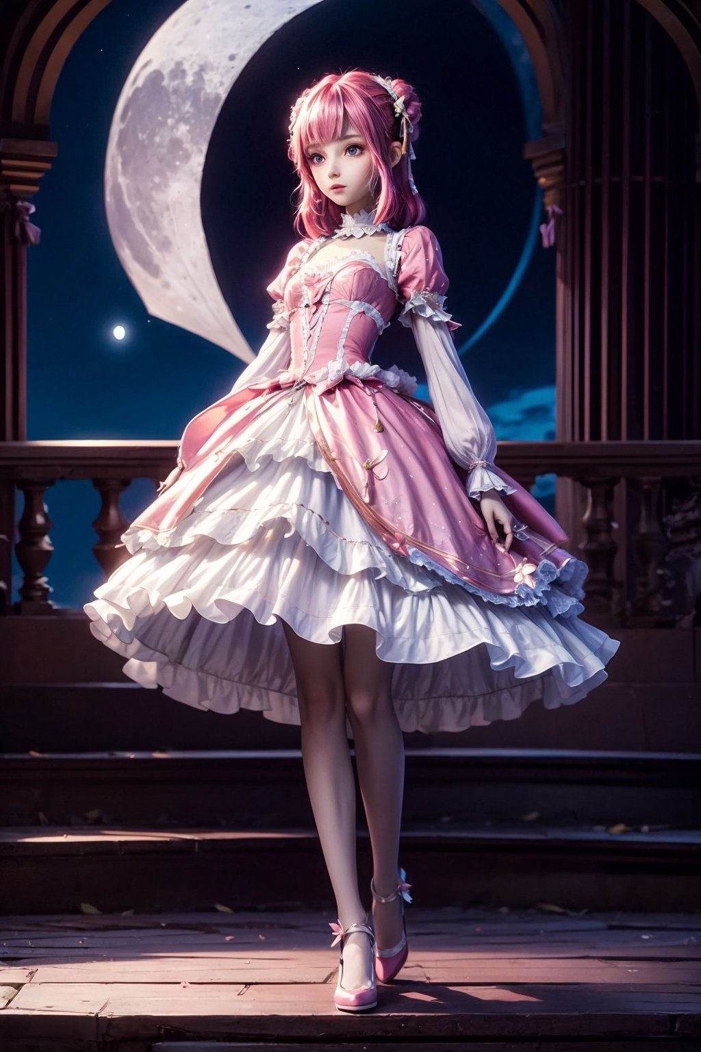 
Anime girl with long white hair and purple dress standing in front of the full moon, full body fairy,, pretty much,pink_hair