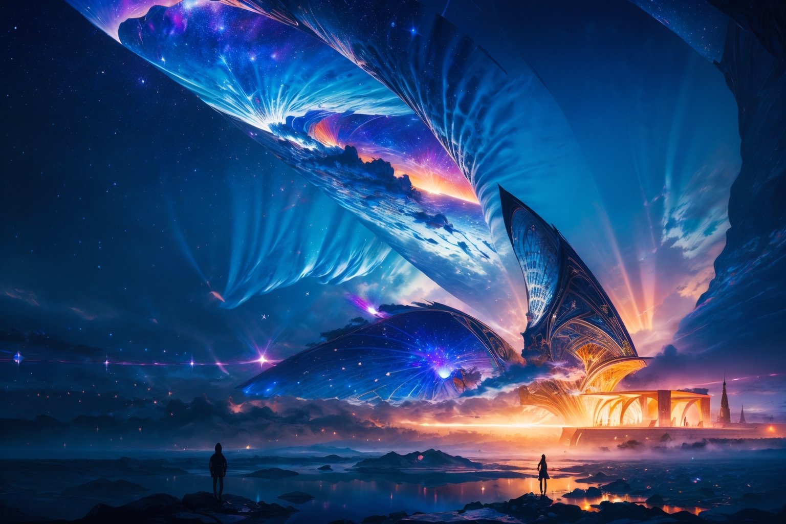 Step into a world of wonder and ethereal beauty, where reality and dreams intertwine. Visualize an awe-inspiring scene - a breathtaking view of a sea of stars, shimmering brilliantly above a blanket of fluffy clouds. In the foreground, a young girl stands on a cloud, her silhouette poised against the celestial panorama.
BREAK 
Describe the girl's stance as she gazes up at the vast expanse of twinkling stars, capturing her sense of awe and reverence. Explore the emotions evoked by the scene - a mix of wonder, curiosity, and a deep connection to the vastness of the universe. Consider the significance of this moment for the girl - is she contemplating her place in the cosmos, seeking solace or inspiration, or perhaps embarking on a celestial journey of her own?
BREAK 
Craft a brief narrative or evoke a sense of atmosphere, using evocative language to emphasize the surreal and otherworldly nature of the scene. Explore the interplay between the tangible and the intangible - the solid cloud beneath her feet contrasting with the infinite expanse of stars above. Consider incorporating sensory details such as the soft touch of the cloud, the sound of distant celestial music, or the faint scent of stardust in the air.