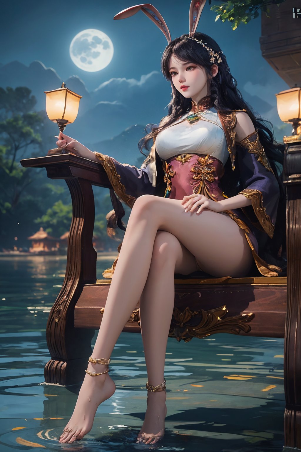 Sitting by a lake full of lotus flowers, her feet playing in the water, the art depicts a charming woman with a melon face, dressed in a flowing, silky traditional oriental dress, long, aqua blue, decorated with intricate patterns and bright colors. Her dress drapes elegantly over her curvy figure, accentuating her seductive silhouette. She sits gracefully by the tranquil lotus lake, her feet playing in the water, bathed in the soft glow of the moonlight. The scene exudes an ethereal and dreamy atmosphere, with a touch of mystery and sexiness. The graphic style blends watercolor and digital illustration techniques to evoke a refined beauty and charm. The lights are filled with soft moonlight, casting soft highlights and shadows on her charming features. Bare thighs, big breasts, three-dimensional facial features, sitting, upturned legs, side braids, rabbit ears, black hair