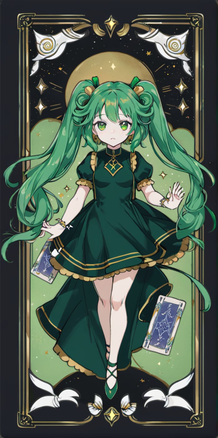 card,tarot,(((masterpiece))),(((bestquality))),((ultra-detailed)),(illustration),((anextremelydelicateandbeautiful)),dynamicangle,floating,(beautifuldetailedeyes),(detailedlight) (1girl), solo, floating_hair,glowingeyes,green hair,greeneyes, twintails, halterdress, atdan, green background,