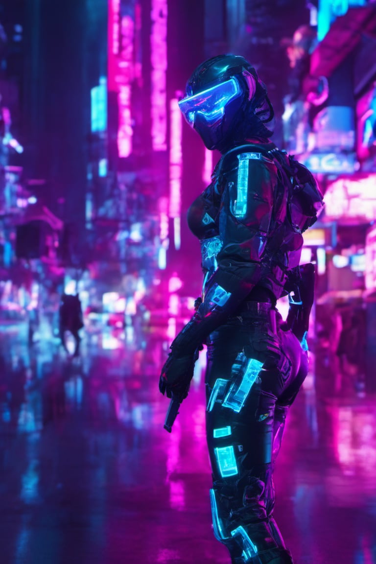 7D Cybertech, Neon futuristic glowing, assassin futuristic 2098  in cyber city with neon outfit,Movie Still,cyborg style,vaporwave style,ch3ls3a