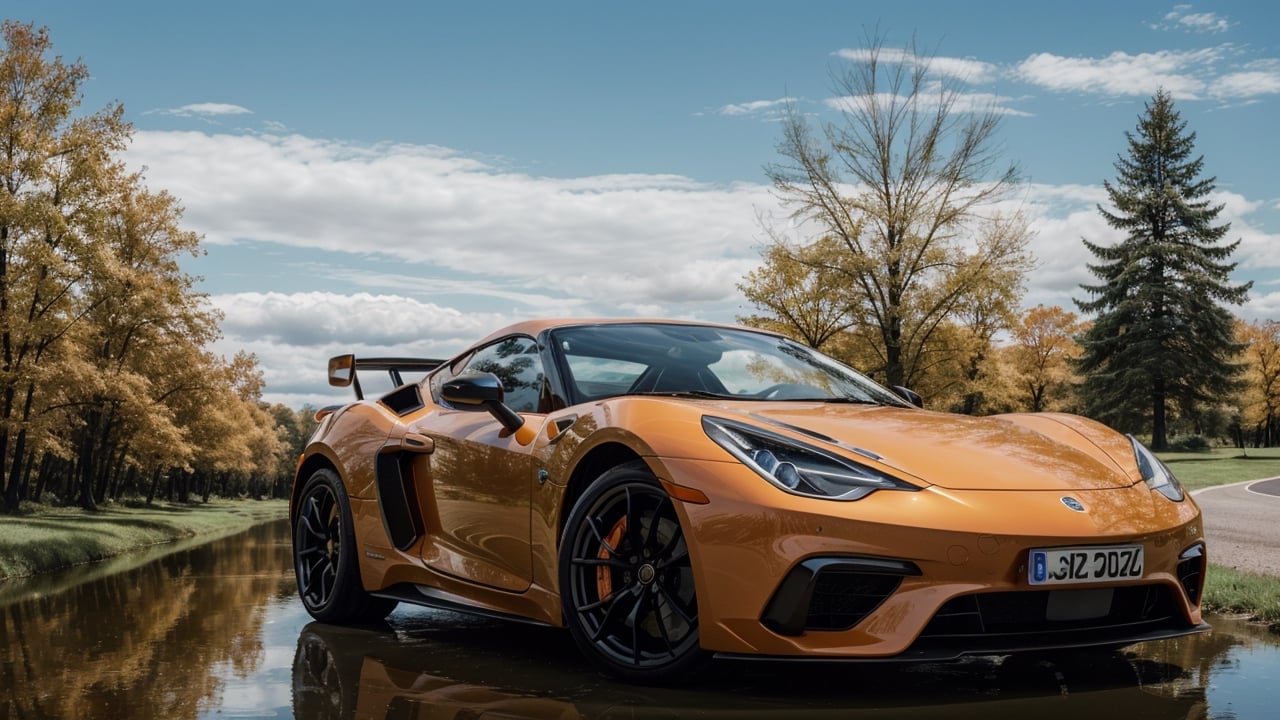 masterpiece,photo of landscape, sunny weather,(sports car,color orange), 8k,hdr, high quality, film grain,reflection masterpiece, vivid colours , weather 