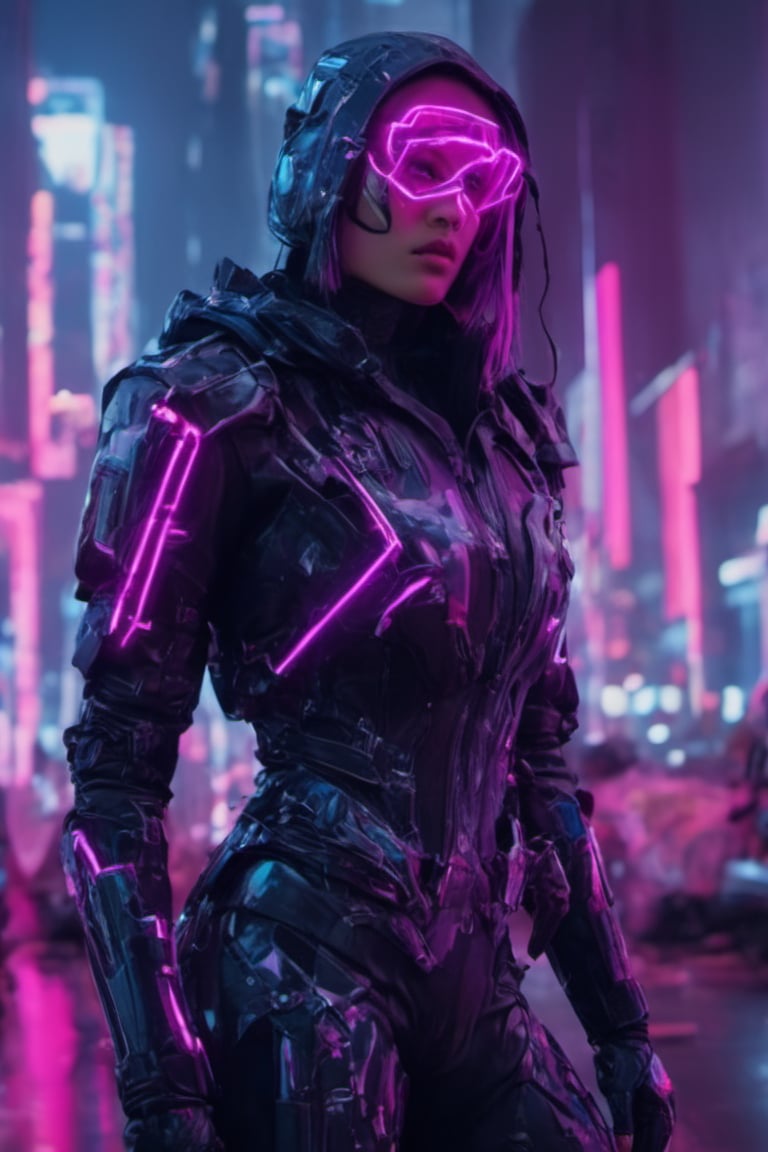 Neon futuristic glowing, assassin futuristic 2078  in cyber city with neon outfit,Movie Still,cyborg style,vaporwave style,ch3ls3a