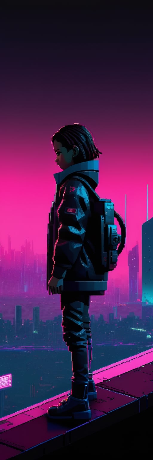 Cyberpunk 2077, Pixel-Art Adventure featuring a boy: and a Robot Pixelated girl character, vibrant 8-bit environment, reminiscent of classic games.,Leonardo Style 
A person staring blankly into black standing on top of a world , 4k, ultra realistic, beautiful , amazing 