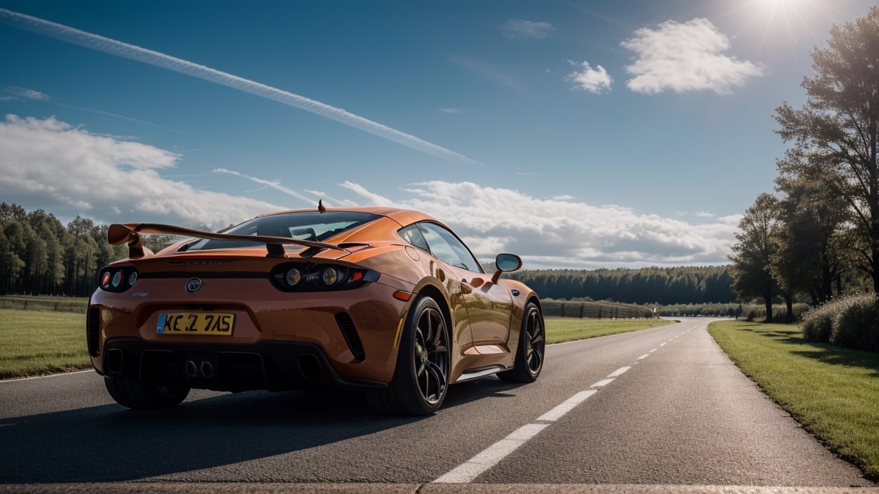 masterpiece,photo of landscape, sunny weather,(sports car,color orange), 8k,hdr, high quality, film grain,reflection masterpiece, vivid colours , weather 