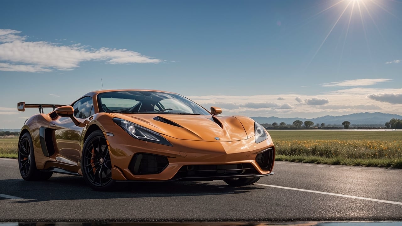 masterpiece,photo of landscape, sunny weather,(sports car,color orange), 8k,hdr, high quality, film grain,reflection masterpiece, vivid colours , weather 