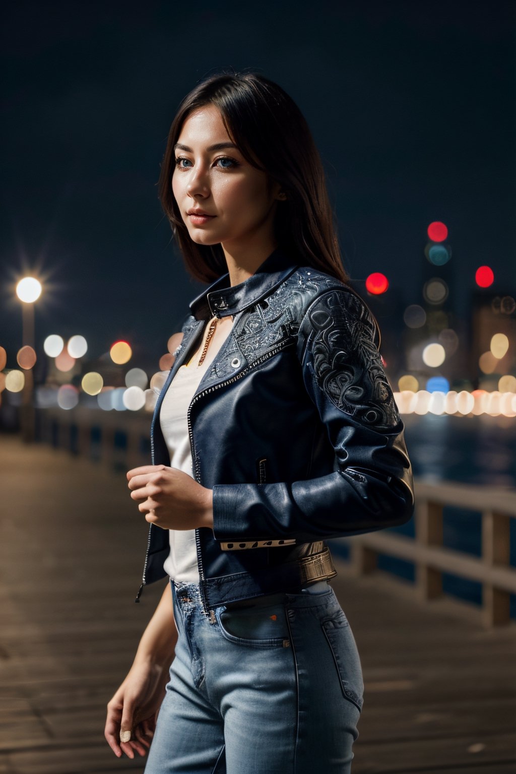 (masterpiece), (extremely intricate:1.3), (realistic), entered, award winning upper body digital art, (hyperelistic shadows), masterpiece, | korean, tight blue jean, open leather jacket, | city, sea, bokeh, blurred background, depth of field, night film, 