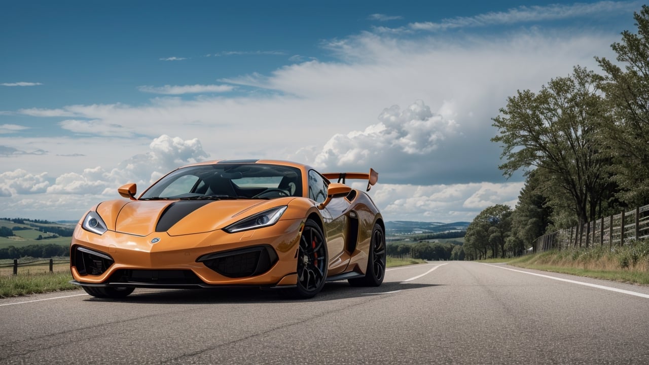 masterpiece,photo of landscape, sunny weather,(sports car,color orange), 8k,hdr, high quality, film grain,reflection masterpiece, vivid colours , weather 