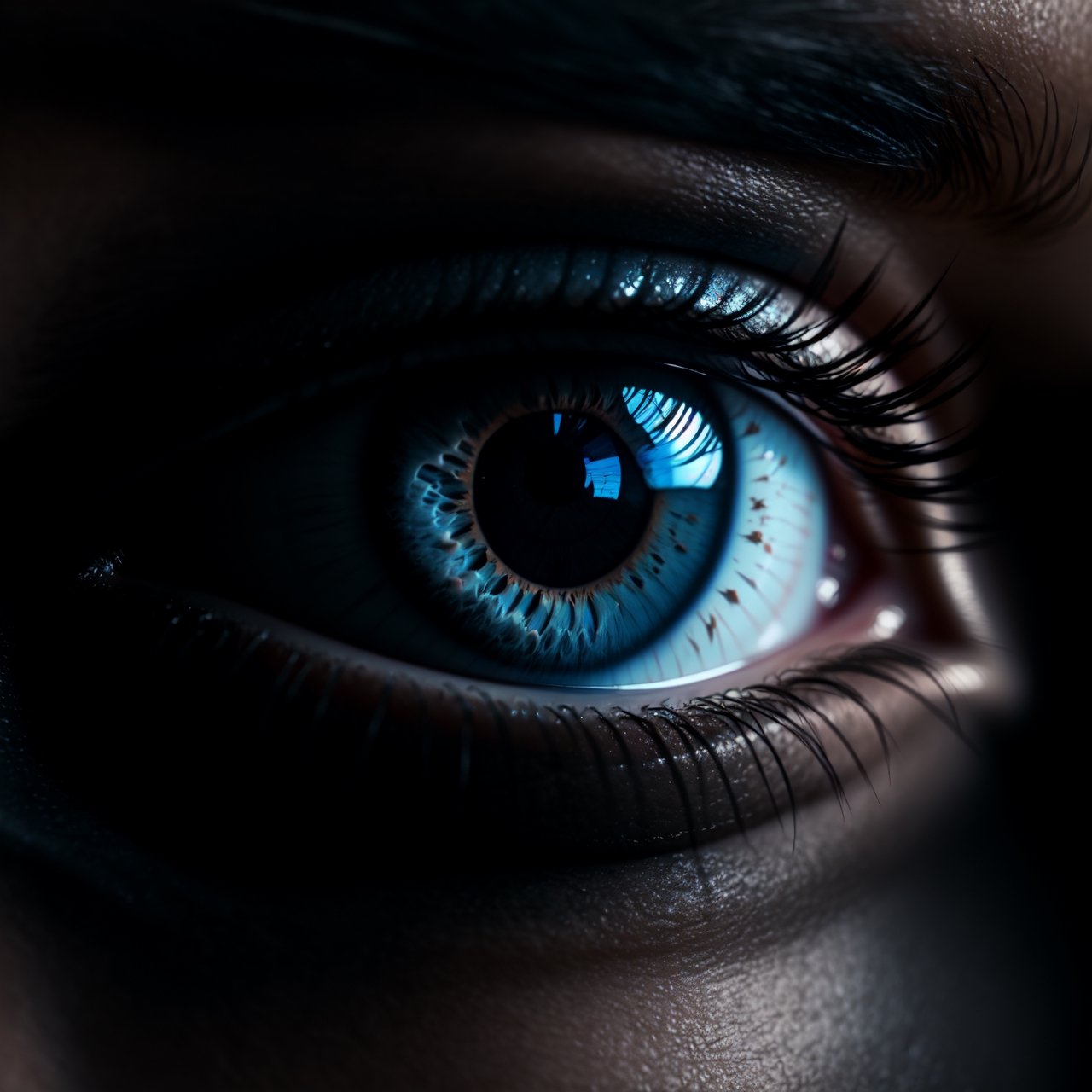 style of Tyler Shields, blue eye, close up, macro, black background, realistic, detailed, photography, thematic background, ambient enviroment,perfecteyes