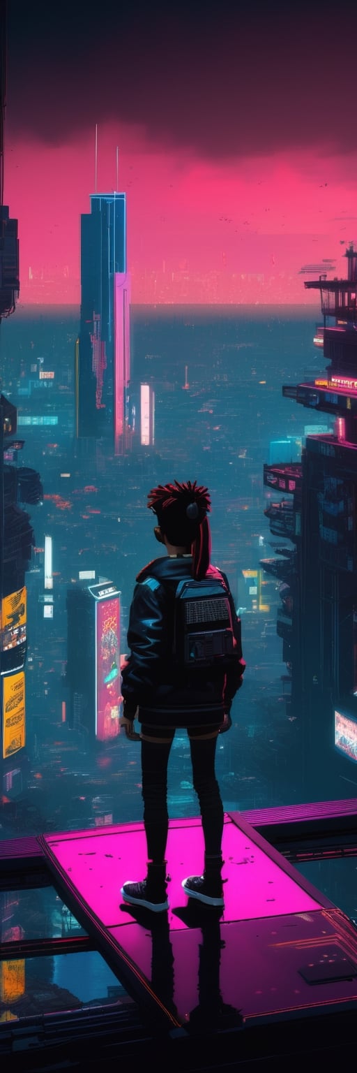 Cyberpunk 2077, Pixel-Art Adventure featuring a boy: and a Robot Pixelated girl character, vibrant 8-bit environment, reminiscent of classic games.,Leonardo Style 
A person staring blankly into black standing on top of a world , 4k, ultra realistic, beautiful , amazing 