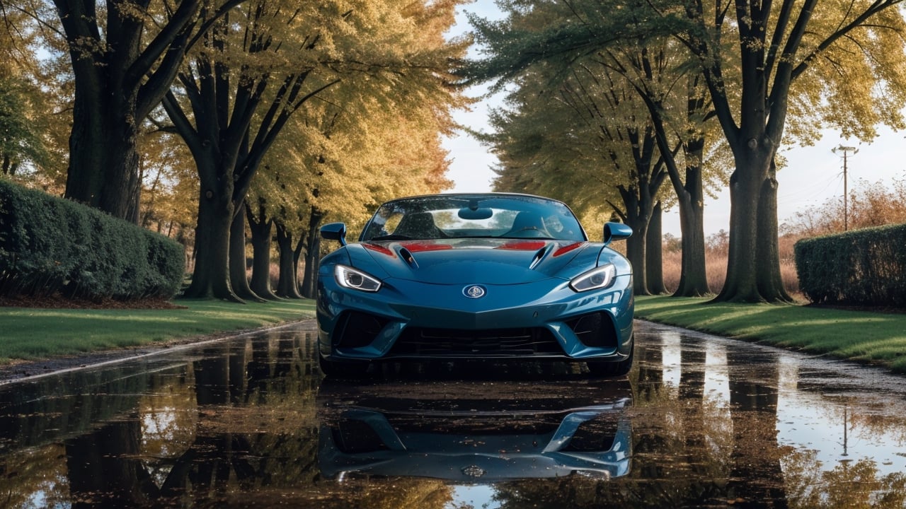 masterpiece,photo of landscape, sunny weather,(sports car,color {blue and red incandescent}), 8k,hdr, high quality, film grain,reflection masterpiece, vivid colours , weather ,puddles