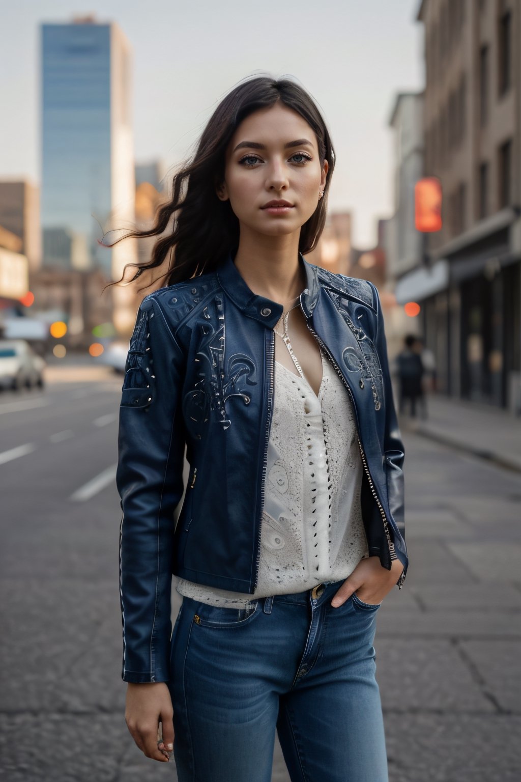 (masterpiece), (extremely intricate:1.3), (realistic), entered, award winning upper body digital art, (hyperelistic shadows), masterpiece, | korean, tight blue jean, open leather jacket, | city, sea, bokeh, blurred background, depth of field 