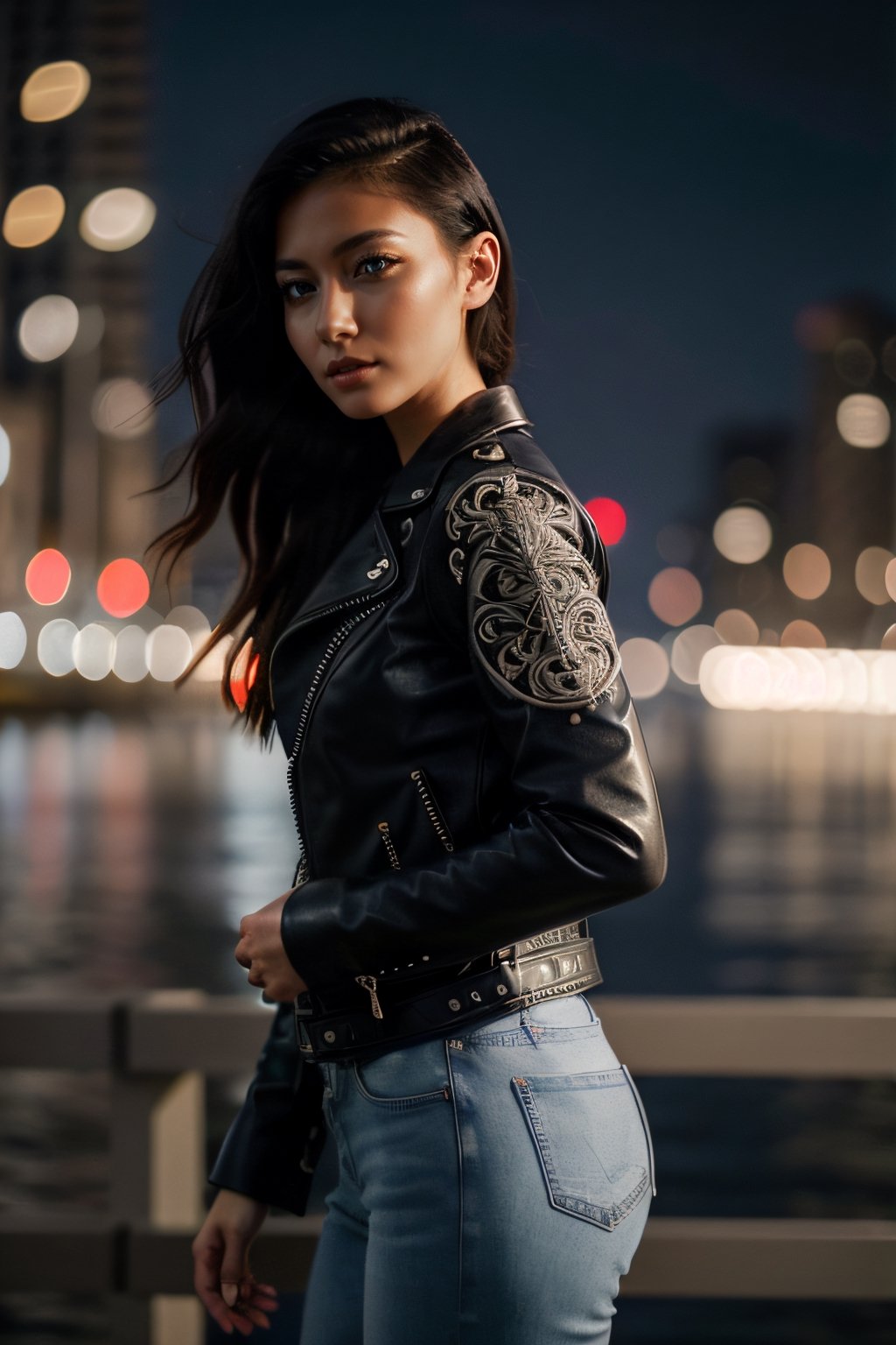 (masterpiece), (extremely intricate:1.3), (realistic), entered, award winning upper body digital art, (hyperelistic shadows), masterpiece, | korean, tight blue jean, open leather jacket, | city, sea, bokeh, blurred background, depth of field, night film, 