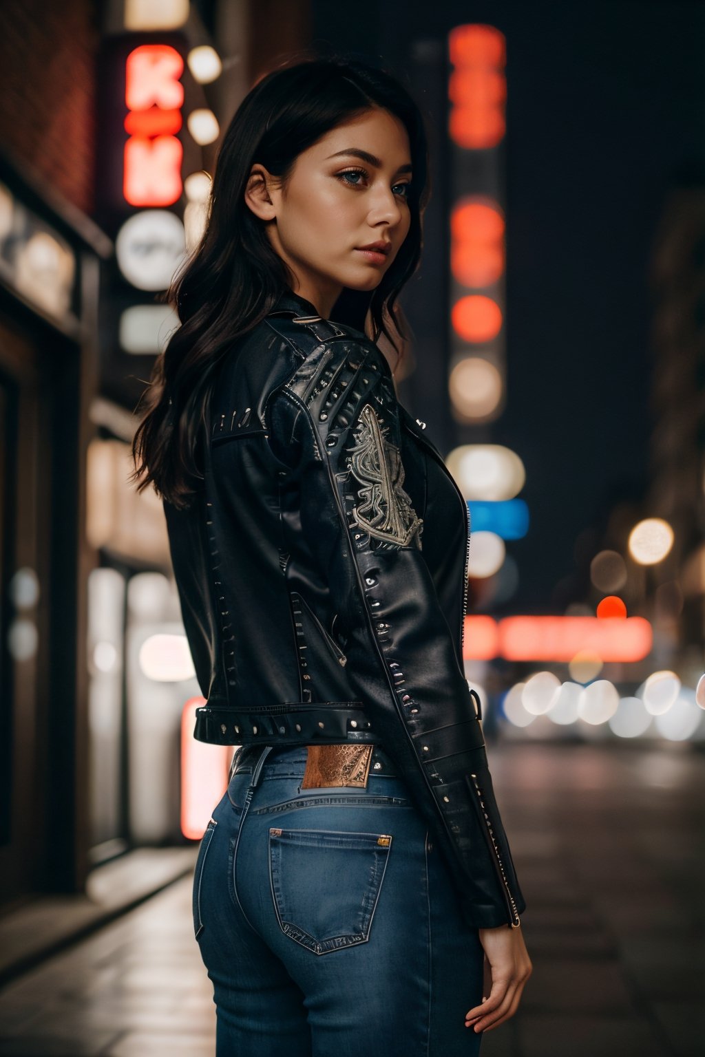 (masterpiece), (extremely intricate:1.3), (realistic), entered, award winning upper body digital art, (hyperelistic shadows), masterpiece, | korean, tight blue jean, open leather jacket, | city, sea, bokeh, blurred background, depth of field, night film, 