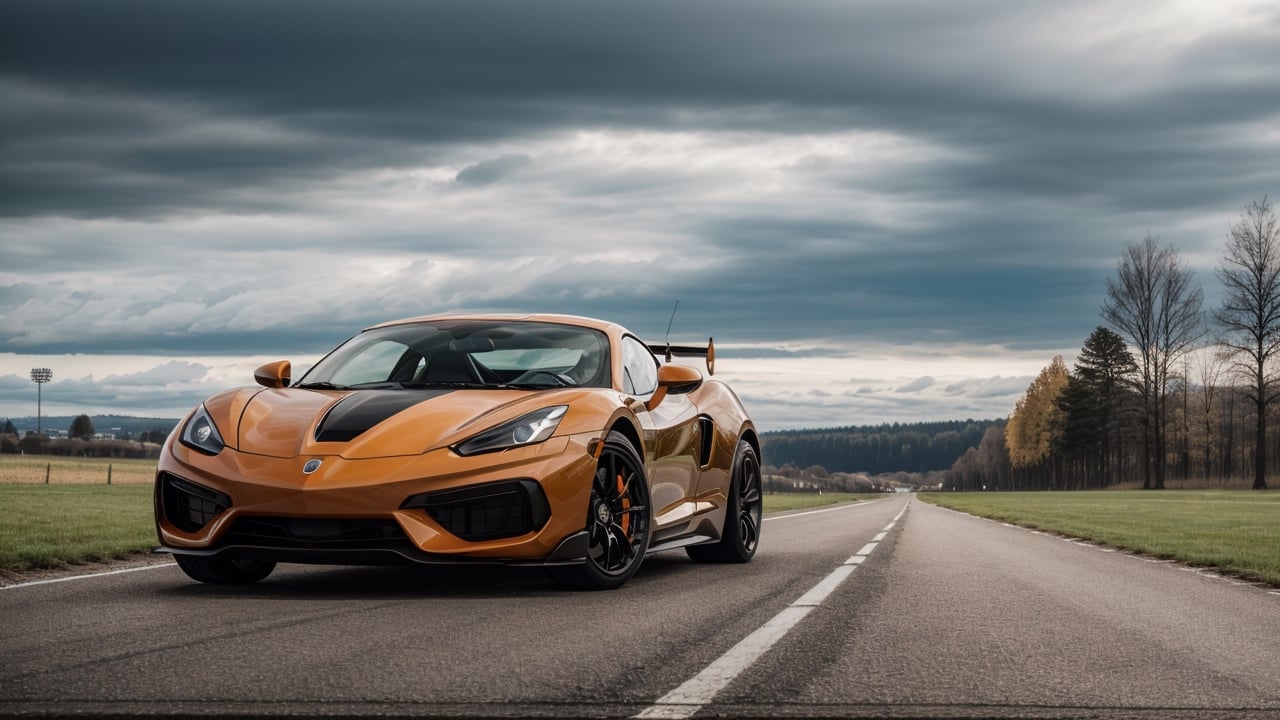 masterpiece,photo of landscape, sunny weather,(sports car,color orange), 8k,hdr, high quality, film grain,reflection masterpiece, vivid colours , weather 